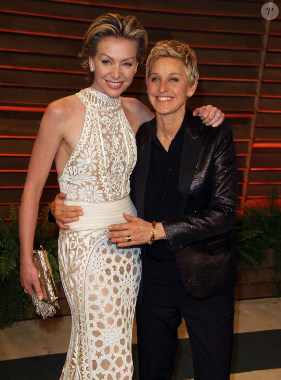 Ellen DeGeneres et sa compagne Portia de Rossi à la soirée Vanity Fair après la 86e cérémonie des Oscars le 2 mars 2014.