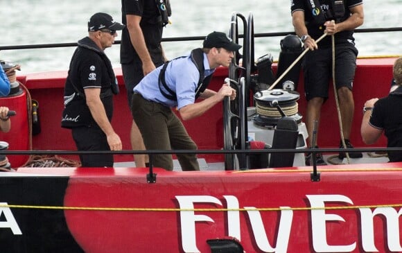 Prince William, Duke of Cambridge takes the helm of an America's Cup yacht as he races Catherine, Duchess of Cambridge in Aukland Harbour, New Zealand on April 11, 2014. The Duchess won. Photo by Anwar Hussein/PA Photos/ABACAPRESS.COM11/04/2014 - Auckland