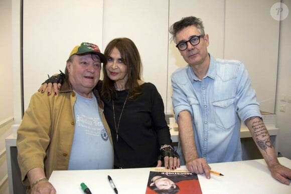 Moustique (Michel Grégoire), Fabienne Shine et Jean-Eric Perrin à l'occasion d'un showcase à la Galerie 'Addict Galerie', le 10 avril 2014.