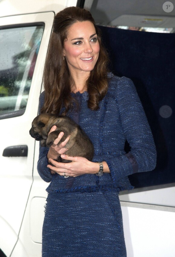 Middleton, duchesse de Cambridge, avec un bébé berger allemand de 12 jours à l'école royale de la police néo-zélandaise, le 16 avril 2014 à Wellington. L'ultime engagement de sa tournée officielle en Nouvelle-Zélande avec le prince William.