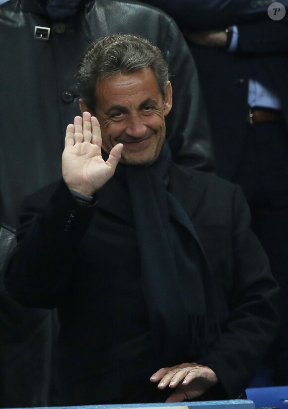 Nicolas Sarkozy lors de la finale de football de la Coupe de la Ligue, PSG - Lyon (2-1), au Stade de France à Paris le 19 avril 2014. 
