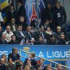Najat Vallaud-Belkacem, Manuel Valls, Anne Hidalgo, Nasser Al-Khelaïfi et Nicolas Sarkozy lors de la finale de football de la Coupe de la Ligue, PSG - Lyon (2-1), au Stade de France à Paris le 19 avril 2014. 