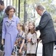  Felipe, Sofia, les deux princesses Sofia et Leonor, le roi Juan Carlos lors de la messe de P&acirc;ques &agrave; Palma de Majorque le 20 avril 2014. 