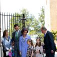  La princesse Letizia d'Espagne, Prince Felipe, la reine Sofia, les deux princesses Sofia et Leonor, le roi Juan Carlos lors de la messe de P&acirc;ques &agrave; Palma de Majorque le 20 avril 2014. 