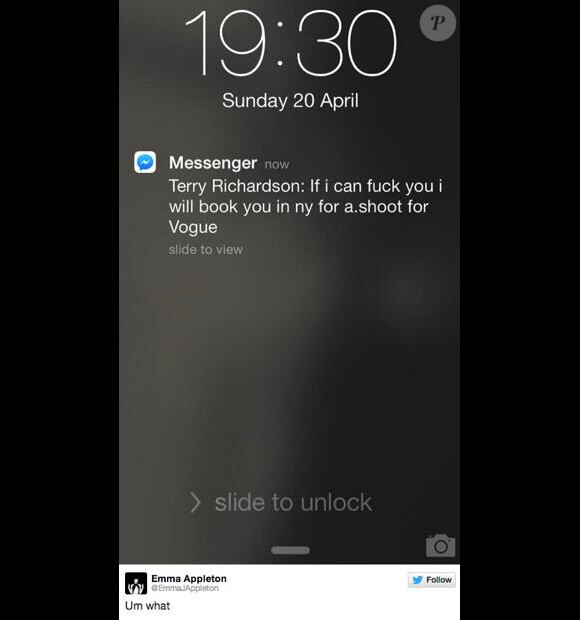 Le 20 avril, Emma Appleton a provoqué un séisme sur la planète Mode en postant sur Twitter une capture d'écran d'un message Facebook envoyé par un Terry Richardson. Le compte au nom du photographe lui propose des faveurs sexuels en échange d'un shooting pour Vogue.