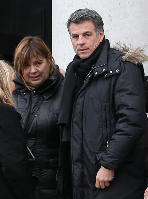 Michèle Bernier et Bruno Gaccio aux obsèques de François Cavanna à Paris le 6 février 2014