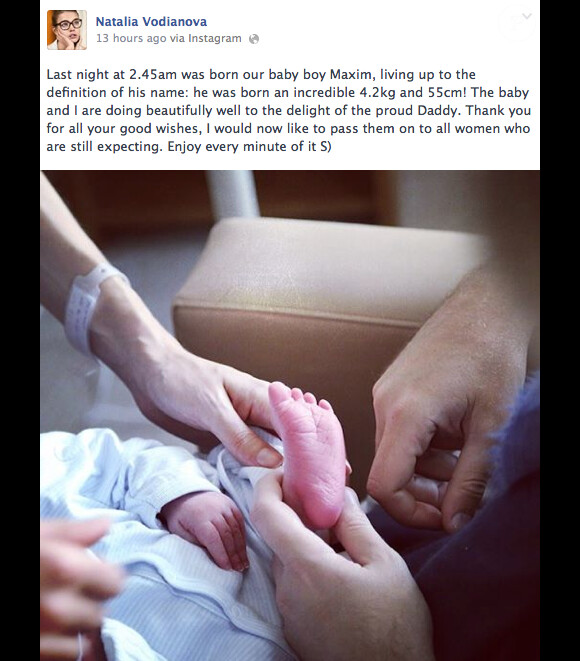 Sur Facebook, Natalia Vodianova annonce la naissance de son fils Maxim, le 2 mai 2014.