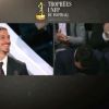 Salvatore Sirigu et Marco Verratti hilares pendant le discours en français de leur coéquipier Zlatan Ibrahimovic qui reçoit le titre du meilleur joueur de L1 lors des trophées UNFP le dimanche 11 mai 2014.