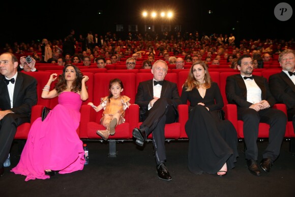 Guest, Salma Hayek, sa fille Valentina Hayek, François-Henri Pinault, Julie Gayet, Joan Sfar et Roger Allers lors de l'hommage au cinéma d'animation et la présentations de "Kahlil Ghibran's The Prophet", lors du 67e Festival du film de Cannes le 17 mai 2014.