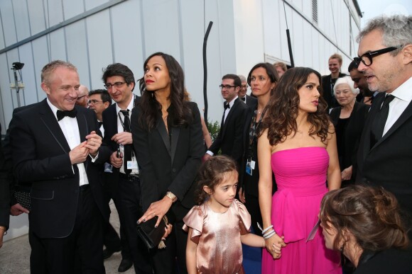 François-Henri Pinault, Zoe Saldana, Salma Hayek et sa fille Valentina Pinault durant l'hommage au cinéma d'animation et la présentations de "Kahlil Ghibran's The Prophet", lors du 67e Festival du film de Cannes le 17 mai 2014.