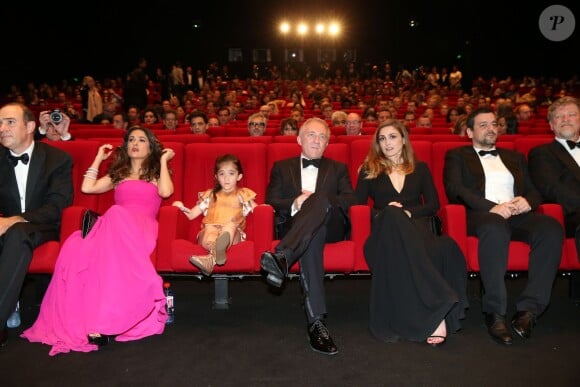 Guest, Salma Hayek, sa fille Valentina Hayek, François-Henri Pinault, Julie Gayet, Joan Sfar et Roger Allers durant l'hommage au cinéma d'animation et la présentations de "Kahlil Ghibran's The Prophet", lors du 67e Festival du film de Cannes le 17 mai 2014.