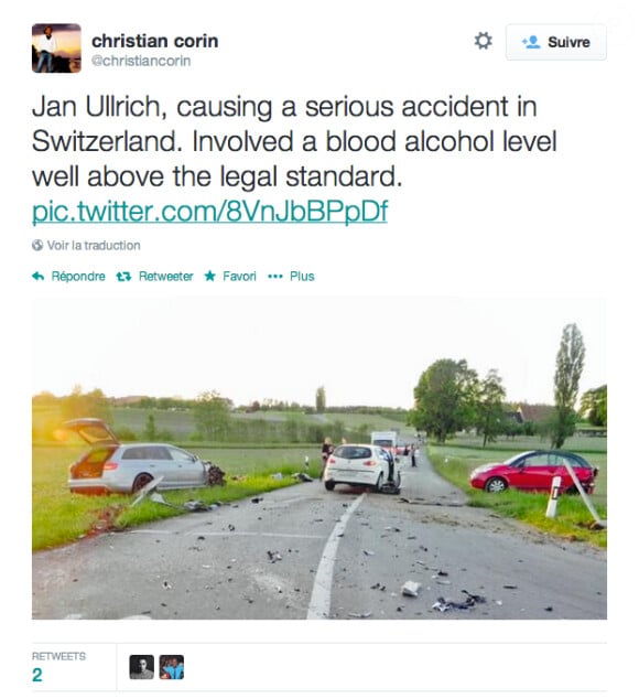 Photo supposée de l'accident de Jan Ullrich le 19 mai 2014 à Mattwil (Allemagne). Sa voiture, une Audi A6, se trouve à gauche de l'image.