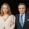 Michel Sardou avec ses enfants Davy et Cynthia lors de son mariage avec Anne-Marie Perier à Paris le 11 octobre 1999.