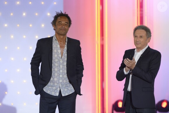 Yannick Noah et Michel Drucker - Enregistrement de l'émission "Vivement Dimanche" à Paris le 11 juin 2014. L'émission sera diffusée le 15 juin sur France 2.