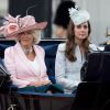 Kate Middleton, duchesse de Cambridge, et Camilla Parker Bowles, duchesse de Cornouailles, descendant le Mall en landau lors de la parade Trooping the Colour marquant le 14 juin 2014 la célébration solennelle des 88 ans de la souveraine.