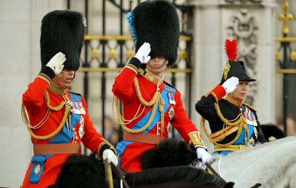 Le prince Charles (en uniforme de colonel des Welsh Guards), le prince William (colonel des Irish Guards) et la princesse Anne (colonel des Blues and Royals) lors de la parade Trooping the Colour marquant le 14 juin 2014 la célébration solennelle des 88 ans de la souveraine.