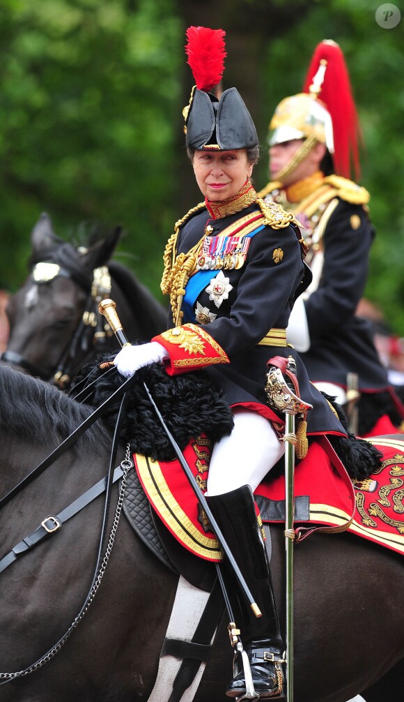 La princesse Anne, en uniforme de colonel des Blues and Royals, lors de la parade Trooping the Colour marquant le 14 juin 2014 la célébration solennelle des 88 ans de la souveraine.