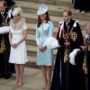 Le comte Edward et la comtesse Sophie de Wessex, Kate Middleton, le prince William et le prince Andrew lors du service annuel de l'ordre de la jarretière, le 16 juin 2014 à la chapelle Saint George à Windsor.