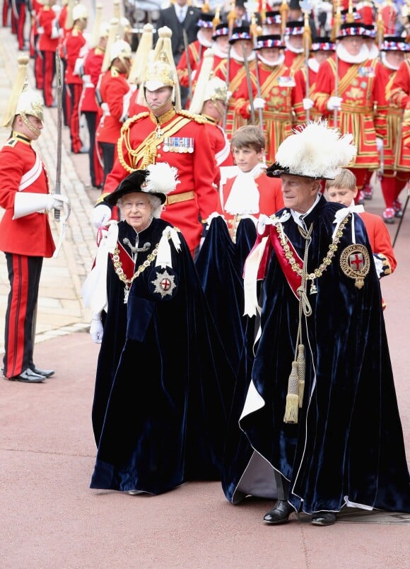 Queen Elizabeth II and the Duke of Edinburgh during the annual procession for members of the Order of the Garter ahead of the service at St George's Chapel, Windsor Castle in Windsor, UK, on Monday June 16, 2014. Photo by Chris Jackson/PA Wire/ABACAPRESS.COM16/06/2014 - Windsor