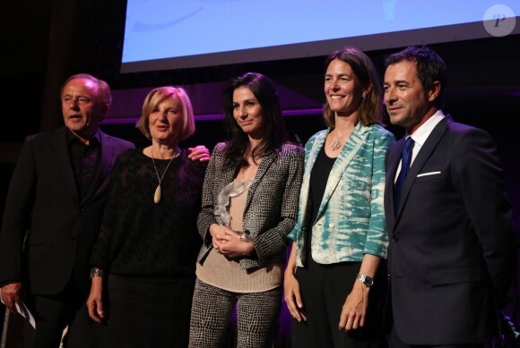 Roland Escaig, Marie-Odile Amaury (présidente du groupe Amaury), Marie Drucker et Bernard Montiel - 11e édition du Prix Trofémina à la salle Wagram à Paris le 16 juin 2014. 