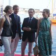 Pierre Casiraghi, sa compagne Beatrice Borromeo, Gad Elmaleh et sa compagne Charlotte Casiraghi lors de l'inauguration du Yacht-Club de Monaco, le 20 juin 2014 au port Hercule de Monaco