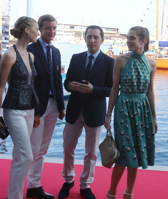 Pierre Casiraghi, sa compagne Beatrice Borromeo, Gad Elmaleh et sa compagne Charlotte Casiraghi lors de l'inauguration du Yacht-Club de Monaco, le 20 juin 2014 au port Hercule de Monaco