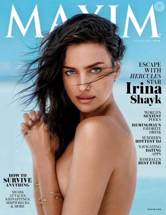 Irina Shayk, topless en couverture du numéro de juillet-août 2014 de Maxim.