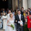 Le Prince Amedeo de Belgique et Elisabetta Maria Rosboch von Wolkenstein heureux lors de leur mariage à Rome le 5 juillet 2014. Le couple est entouré de sa famille pour célébrer ce moment d'amour.