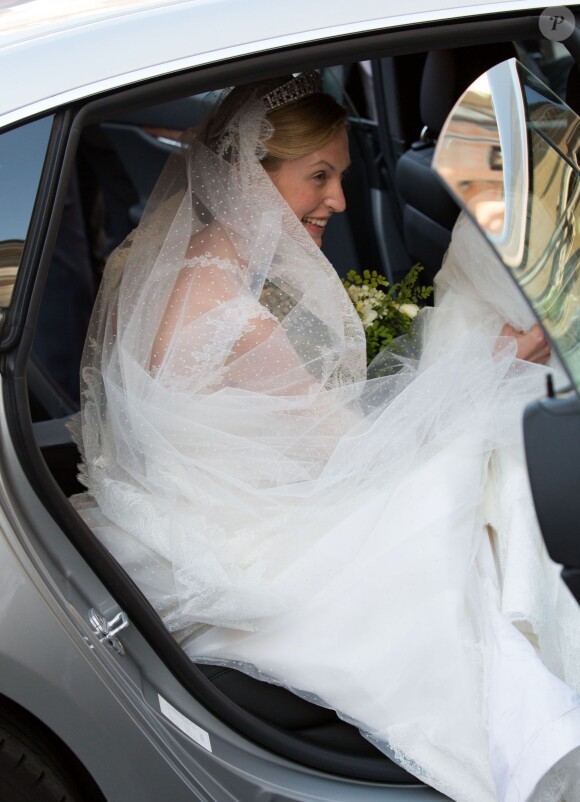 Le Prince Amedeo de Belgique et Elisabetta Maria Rosboch von Wolkenstein heureux lors de leur mariage à Rome le 5 juillet 2014. Le couple est entouré de sa famille pour célébrer ce moment d'amour.