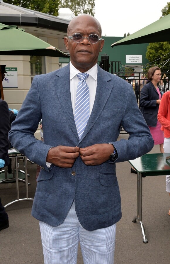 Samuel L. Jackson arrive à Wimbledon pour assister à la finale homme entre Roger Federer et Novak Djokovic, le 6 juillet 2014.