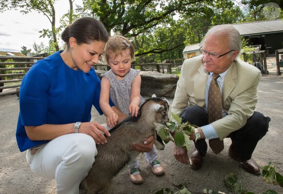 La princesse héritière Victoria, la princesse Estelle, fascinée par une biquette, et le roi Carl XVI Gustaf de Suède sont allés ensemble à Skansen, le musée en plein air et zoo de Stockholm, le 11 juillet 2014. Trois générations de souverains réunis dans la bonne humeur.