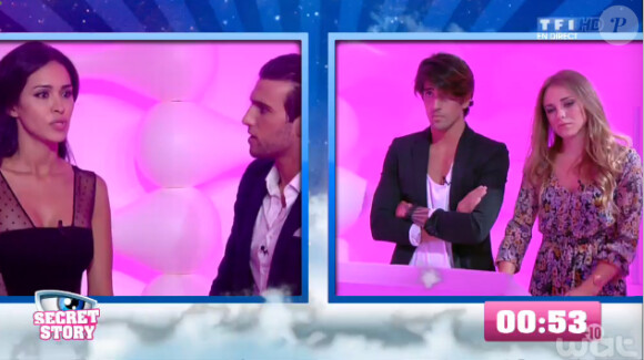 Leila et Aymeric face à Stéfan et Sara dans l'hebdo de Secret Story 8, sur TF1, le vendredi 25 juillet 2014