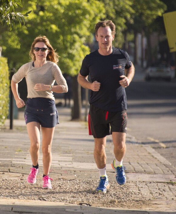 Exclusif -  Geri Halliwell et son compagnon Christian Horner font du jogging près chez la chanteuse à Londres, le 31 juillet 2014.