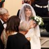 Elisabetta Canalis dans une robe virginale lors de son mariage avec Brian Perri à Sassari, Sardaigne, le 14 septembre 2014.