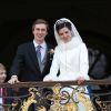 L'archiduc Christoph d'Autriche et l'archiduchesse Adélaïde (née Drapé-Frisch) au balcon de l'Hôtel de Ville de Nancy après leur mariage religieux, le 29 décembre 2012. Le couple attend son premier enfant pour fin 2014.