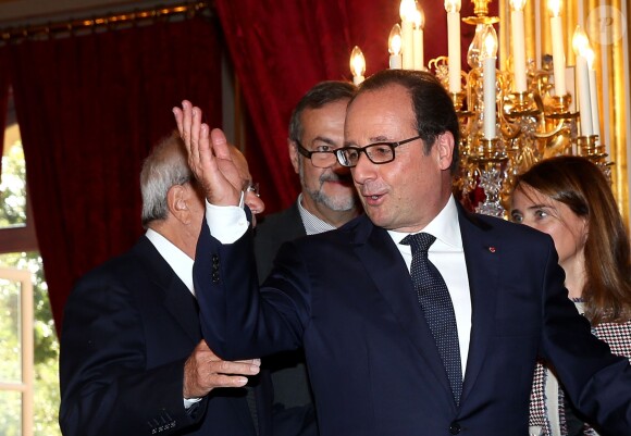 François Hollande - Remise du Prix de l'Audace Créatrice à Raphaël Gorgé, Président directeur général du groupe Gorgé, à l'Elysée, le 30 septembre 2014.