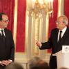 François Hollande et Marc Ladreit de Lacharrière - Remise du Prix de l'Audace Créatrice à Raphaël Gorgé, Président directeur général du groupe Gorgé, à l'Elysée, le 30 septembre 2014.