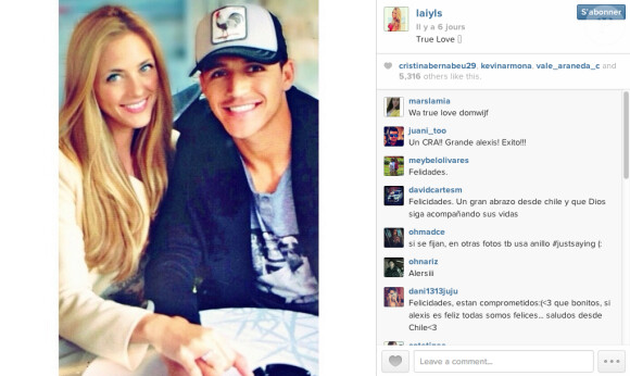 Photo postée par Laia Grassi pour répondre aux rumeurs de séparation d'avec Alexis Sanchez, qui aurait mis enceinte son ex, en avril 2014 sur Instagram. 