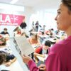 Sandrine Quétier lors de la lecture de la dictée ELA au Collège Dupanloup de Boulogne-Billancourt le 15 octobre 2014.