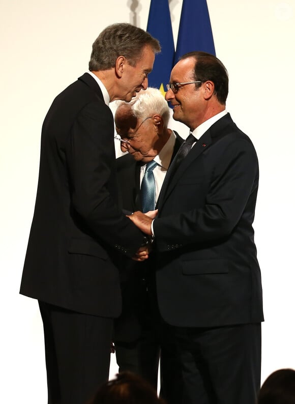 Frank Gehry (architecte qui a imaginé la Fondation Louis Vuitton), François Hollande et Bernard Arnault - Discours du président de la République lors de l'inauguration de la Fondation Louis Vuitton à Paris le 20 octobre 2014.