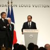 Frank Gehry (architecte qui a imaginé le musée de la Fondation Louis Vuitton), François Hollande et Bernard Arnault - Discours du président de la République lors de l'inauguration de la Fondation Louis Vuitton à Paris le 20 octobre 2014.