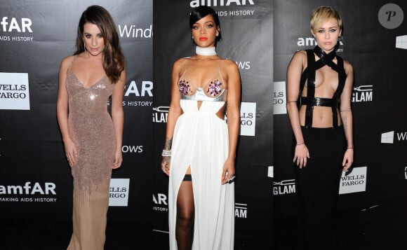 Lea Michele, Rihanna et Miley Cyrus assistent au gala Inspiration de l'amfAR, aux Milk Studios. Los Angeles, le 29 octobre 2014.