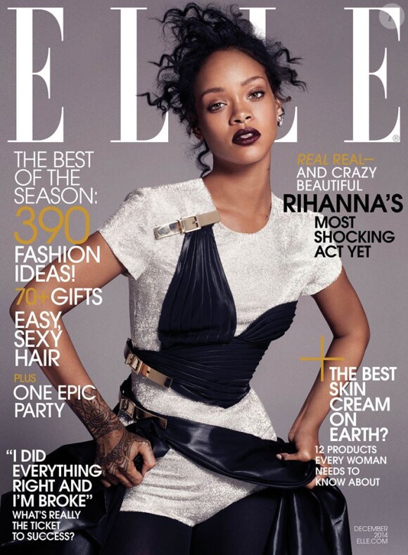 Rihanna apparaît en couverture du numéro de décembre 2014 du magazine Elle. Photo par Paola Kudacki.