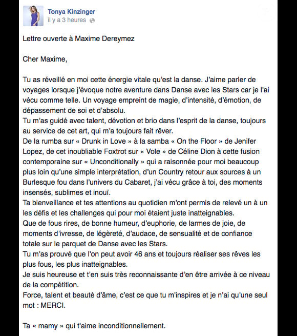 Eliminée avec Maxime Dereymez de "Danse avec les stars 5" sur TF1, Tonya Kinzinger a rédigé une belle lettre d'amour et d'amitié à son danseur. Dimanche 16 novembre 2014.