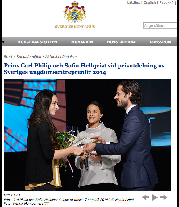 Le prince Carl Philip de Suède et sa fiancée Sofia Hellqvist à la remise du prix dédié aux Jeunes entrepreneurs suédois, le 19 novembre 2014 à Stockholm.