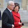 Le roi Carl Gustav et la reine Silvia de Suède au palais de l'Elysée où ils ont eu un déjeuner et un entretien avec François Hollande, à Paris le 2 décembre 2014