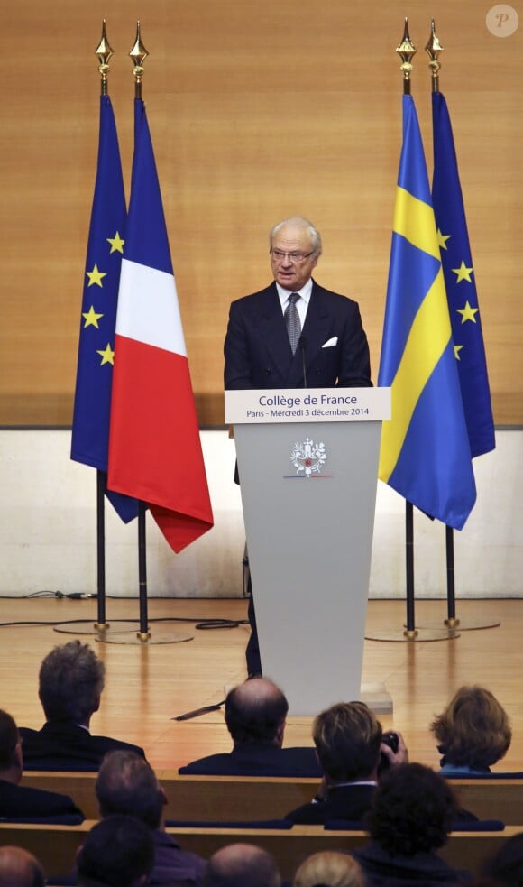 Le roi Carl XVI Gustaf a ouvert une conférence sur le réchauffement climatique en compagnie de François Hollande, le 3 décembre 2014 à Paris au Collège de France