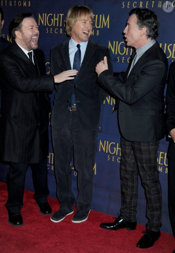Ricky Gervais, Owen Wilson et Steve Coogan à la première de La Nuit au Musée 3 : Le Secret des Pharaons au Ziegfeld Theater, New York, le 11 décembre 2014.