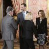 Le roi Felipe VI et la reine Letizia d'Espagne ont pris part le 19 décembre 2014 à la réunion du comité directeur de la Fondation Prince de Gérone au palais royal à Madrid, le 19 décembre 2014.