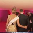 La belle Camille Cerf lors du dîner de gala de Miss France 2015, le soir de l'élection, le 6 décembre dernier. Elle retrouve l'espace de quelques secondes son chéri Maxime. Images diffusées dans le magazine "Sept à huit" sur TF1. Le 14 décembre 2014.